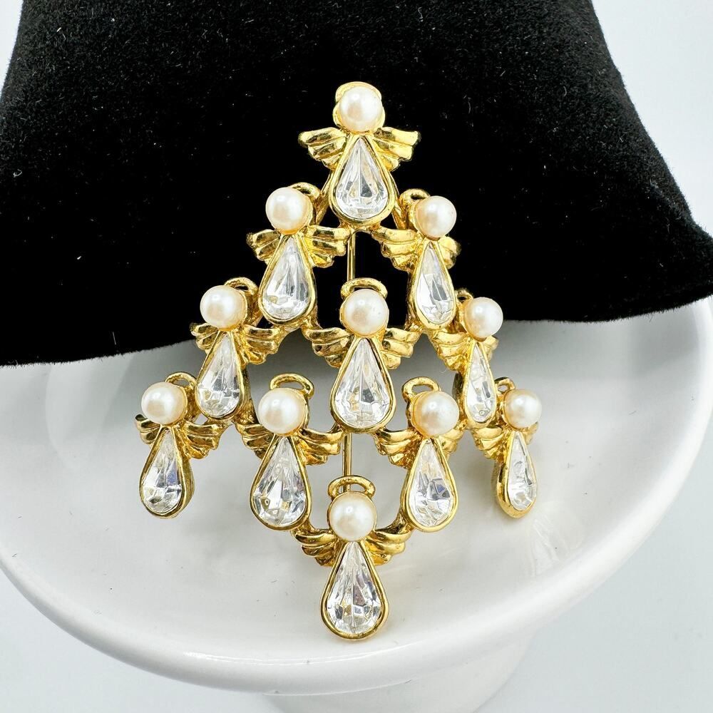 Vintage Guardian Angel Christmas Tree Brooch Festive Glamorous Bling Statement